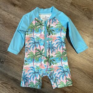 Caden Lane Rash Guard Romper Swimsuit 0-3 Months Palm Blue Pink Long Sleeve